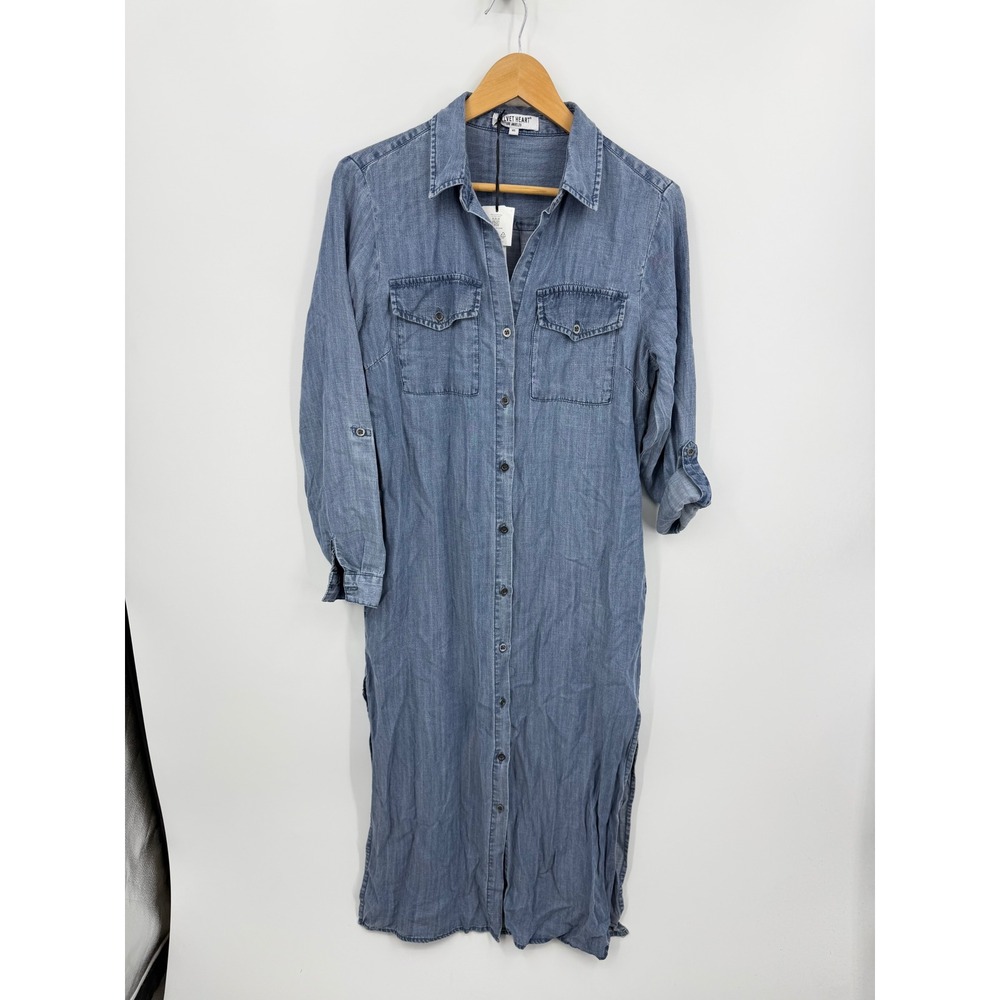 Velvet Heart Tencel Chambray Shirt Dress Women XS Blue Button Front Midi Slit